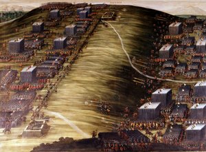 De Slag bij de Witte Berg (Dertigjarige Oorlog) op 8 november 1620 tussen de Tsjechen en de Habsburgse keizerlijke legers. Rome, Sacristie van de Kerk van Heilige Overwinning. door Italian School