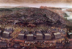 De Slag bij de Witte Berg tijdens de Dertigjarige Oorlog (Duitsland 1620), die de Bohemen onder leiding van Frederik V tegenover de Heilige Liga stelde. Olieverfschilderij. Rome, Kerk van Santa Maria della Vittoria door Italian School