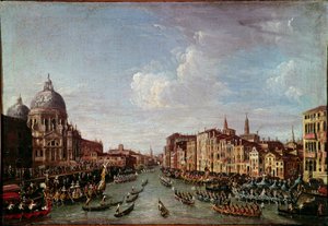 De Bucentaurus (Bucentoro) naar San Nicolo in Venetië Dit is waarschijnlijk de Doge Alvise IV Mocenigo (1763-1778) tijdens de Hemelvaartsvieringen. Anoniem schilderij uit de 18e eeuw. Venetië, Correr Museum