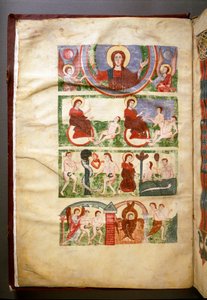 De schepping van Adam en Eva, de erfzonde en hun verdrijving uit het Paradijs. Frontispice van manuscript uit de 11e of 12e eeuw. (Ms.1273) Rome, Biblioteca Angelica