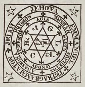 De Grote Magische Cirkel van Agrippa voor de Evocatie van Demonen, kopie van een illustratie uit Les Oevres Magiques de Henri Corneille Agrippa, Rome 1744, gebruikt in Geschiedenis van de Magie, gepubliceerd eind 19e eeuw