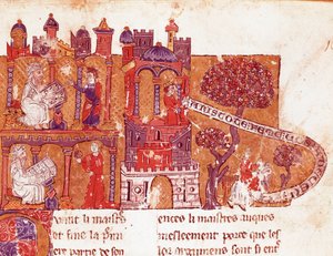De Griekse filosoof Aristoteles onderwijst zijn studenten moraal en vrouwenhaat (miniatuur uit een Italiaans manuscript) door Italian School