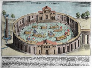 De Naumachia van Nero, voorstelling van een zeeslag in Rome. Gravure (17e eeuw).