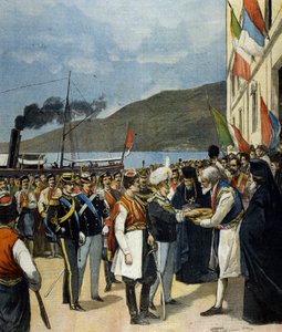 De Prins van Napels - later Victor Emmanuel III - ontvangt in Rijeka volgens traditie brood en zout van de familie van Helene van Montenegro. door Italian School
