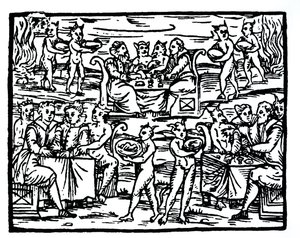 De heksensabbat, kopie van een illustratie uit Compendium Maleficarum door Fr M Guaccius, Milaan 1608, gebruikt in History of Magic, gepubliceerd eind 19e eeuw