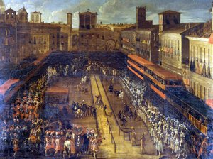 De boekweitwedstrijd op Piazza Navona (Rome) op 25/02/1634.