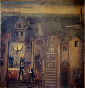 De kerk van Santa Maria del Castello getroffen tijdens het bombardement van de Fransen in 1684, Genua