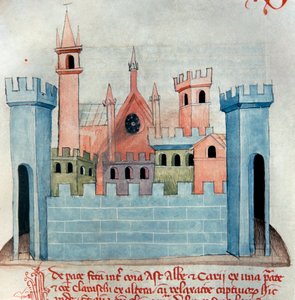 De stad Cherasco (Querasque) in de provincie Coni in Piemonte, Italië. Kerk en muur en vestingtoren van de middeleeuwse stad. Pagina uit Codex Astensis of Malabayla. 13e eeuw miniatuur. Asti, Archivio Storico Comunale door Italian School