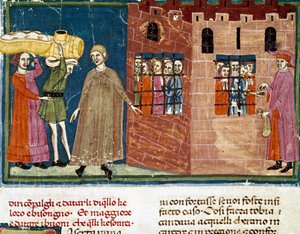 De verdeling van maaltijden aan gevangenen. Miniatuur van de Florentijnse school uit een verlengde editie van het Pater noster door Ser Zucchero Bencivenni (MS.II.VI 16) begin 14e eeuw Florence, nationale bibliotheek door Italian School