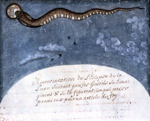 De maansverduistering voorgesteld door de Mogol-Indiërs (een slang die de maan verslindt). Pagina uit het manuscript 