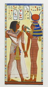 De godin Hathor plaatst de magische kraag op Seti I
