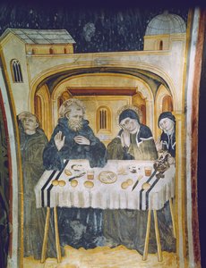 Het wonder van de regen na de tussenkomst van St. Scholastica tijdens de maaltijd met haar broer, St. Benedictus door Italian School