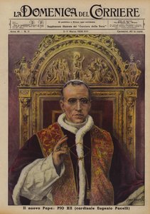 De nieuwe paus, Pius XII (kardinaal Eugenio Pacelli) (kleurenlitho) door Italian School