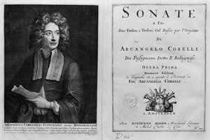 Titelpagina van Sonate a Tre met een portret van Arcangelo Corelli (1653-1713) door Italian School