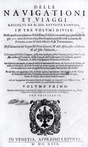 Titelpagina van deel I van Delle Navigationi et Viaggi door Giovanni Ramusio (1485-1557) gepubliceerd 1613