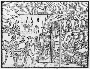 Handel in Scandinavië, illustratie uit Historia de Gentibus Septentrionalibus door Olaus Magnus (1490-1558), uitgegeven in Rome, 1555 door Italian School