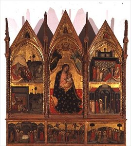 Drieluik: Madonna en Kind op de Troon geflankeerd door scènes uit het leven van St. Bartholomeus met een predella paneel van scènes uit het leven van Christus, School van de Marches