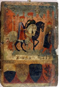 Twee belastinginspecteurs. Biccherna (omslag van het boekhoudregister van de stad Siena). Nationaal Archief - Museo delle Tavolette de Bicherna, Siena. Eind 14e - begin 15e eeuw door Italian School