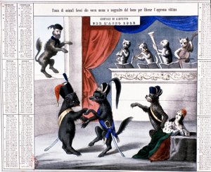 Eenheid van Italië: allegorische kalender van het jaar 1865: cartoon met de leeuw Giuseppe Garibaldi die op het punt staat op de Franse muis en de Oostenrijkse vos te springen om Italië te bevrijden. De muzikanten zijn katten