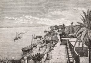 Uitzicht op Khartoem langs de Blauwe Nijl, Soedan, gravure door Cairoli naar foto van Buchta, uit L