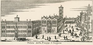 Uitzicht op Piazza San Crispino en de kathedraal van Ferrara, gravure door Italian School