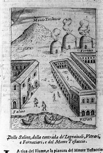 Zicht op een zoutmoeras, de buurt van houthakkers, glasblazers en bakkers nabij de Monte Testaccio in Rome. Gravure uit 