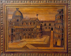 Uitzicht op de kathedraal van Pisa (Duomo di Santa Maria Assunta di Pisa) en de scheve toren (Torre pendente) op het Mirakelplein (Piazza dei Miracoli)