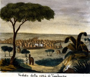 Uitzicht op de stad Timboektoe in Mali in de 19e eeuw