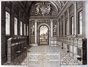 Zicht op het museum van Michele Mercati (1541-1595), rentmeester van de Vaticaanse Botanische Tuinen. Gravure uit 