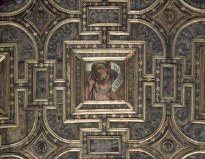 Zicht op het panelenplafond met geschilderde panelen door Pier Maria Pennacchi (1464-1514/15) door Italian School