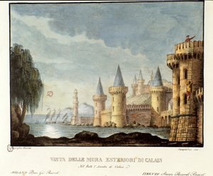 Uitzicht op de wallen van Calais in 1347 tijdens de Honderdjarige Oorlog, decor voor de opera 