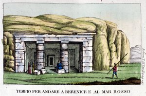 Uitzicht op de tempel op weg naar Berenice, nu Benghazi en de Rode Zee. De auteur, Giovanni Battista Belzoni, is een Italiaanse ontdekkingsreiziger en archeoloog die belangrijke archeologische ontdekkingen in Egypte heeft gedaan. Gravure