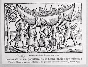 Vikingen dragen een boot naar Rusland, illustratie uit Historia de Gentibus Septentrionalibus door Olaus Magnus (1490-1558), gepubliceerd in Rome, 1555