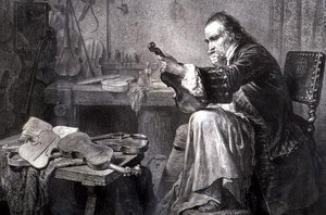 Vioolmaker in zijn werkplaats (gravure)