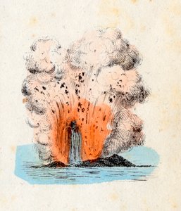 Vulkaan van de Eolische Eilanden uitbarstend, met een hoge uitbarsting van lava vergezeld door een grote hoeveelheid gas en as, Lithografie Corbetta, Milaan