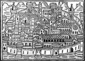 Ommuurde stad uit Supplementum Chronicarum door Giacomo Filippo Foresti, 1506