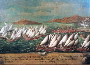 Oorlog van Candia (Kreta): de Venetiaanse vloot tijdens de campagne van Doge Francesco Morosini tegen de Turken in 1659 door Italian School