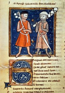 Krijgers met knuppels - in Het moinage van Willem, manuscript uit de 13e eeuw. Biblioteca Trivulziana. Milaan door Italian School