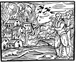 Heksen die een huis in brand steken, Zwaben in 1533, illustratie uit Compendium Maleficarum door Francesco Maria Guazzo, 1608