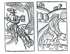Heksen vermomd als dieren die op een bezemsteel rijden (links) en mannelijke heks die op een wolf rijdt (rechts), kopieën van illustraties uit Compendium Maleficarum door Fr M Guaccius, Milaan 1608, gebruikt in History of Magic
