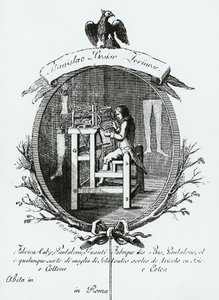 Werker aan weefgetouw, Afbeelding reclame voor Stanislaus Bosisio Torinese, Fabrikant van sokken, Broeken, Handschoenen en allerlei soorten zijde- en katoenen breigoed, Gravure, Italië door Italian School