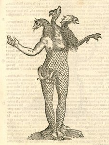 Illustratie van Monstrum triceps capite Vulpis, Draconis, & Aquilae uit Aldrovandis Geschiedenis van Monsters, 1642