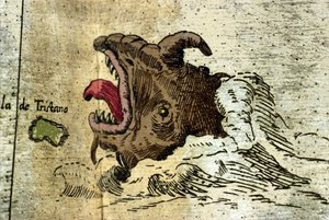 Weergave van een zeemonster nabij de Tristan da Cunha archipel. Detail van de Atlas van Urbano Monte
