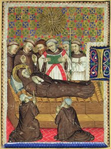 Geïllustreerde initiaal B die een Franciscaanse heilige op zijn sterfbed toont