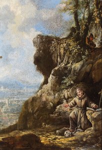 Franciscus in extase bij een rots, een landschap erachter (olieverf op koper)