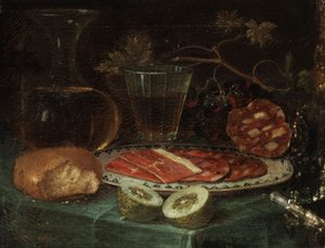 Stilleven met broodstuk, glazen karaf, wijnglas, schotel met ham en hamworst, citroen en mes met parelmoer handvat door Italo flämischer Maler des 17. Jahrhunderts