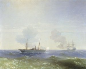 Russisch: "Gevecht van het stoomschip Vesta met het Turkse slagschip Fehti-Bulend in de Zwarte Zee op 11 juli 1877 " Gevecht van het stoomschip Vesta met het Turkse slagschip Fehti-Bulend in de Zwarte Zee op 11 juli 1877