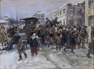 Hongerende arbeiders in Petrograd beroven een militaire vrachtwagen van brood