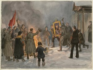Soldaten die schilderijen verbranden (uit de serie aquarellen Russische revolutie) door Ivan Alexeyevich Vladimirov