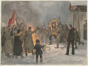 Soldaten verbranden schilderijen uit de serie aquarellen Russische revolutie door Ivan Alexeyevich Vladimirov